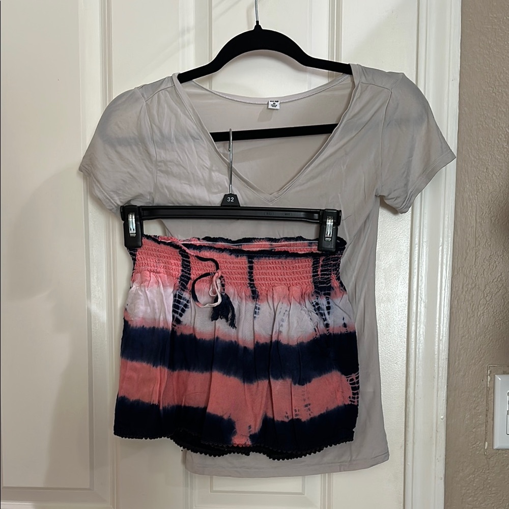 Set of Pink and Blue Tie-Dye Skirt with Gray V-Neck Top